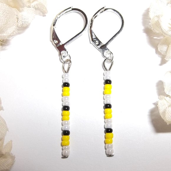 Linear Seed Bead Drop Earring Minimalist Sleek White Pearl Black Yellow Set A723 - Picture 1 of 8